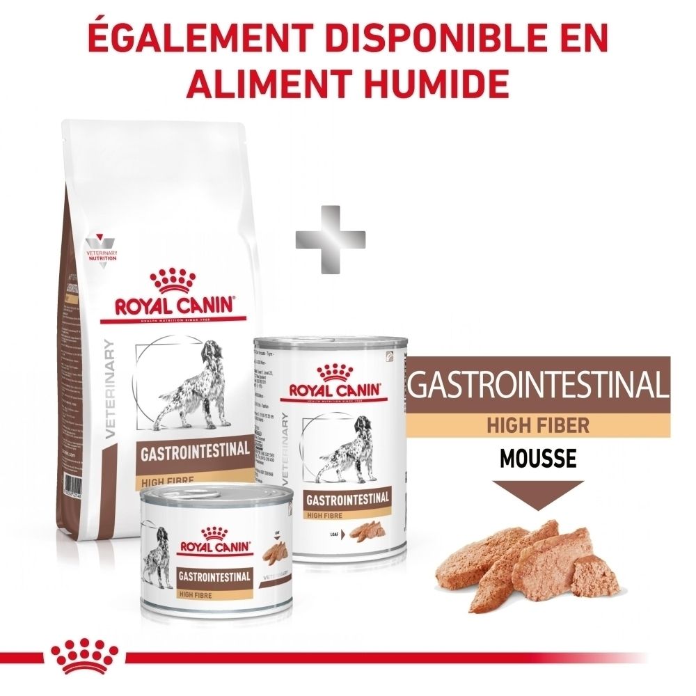 Nourriture Royal Canin Veterinary Gastrointestinal High Fibre sèche et humide.