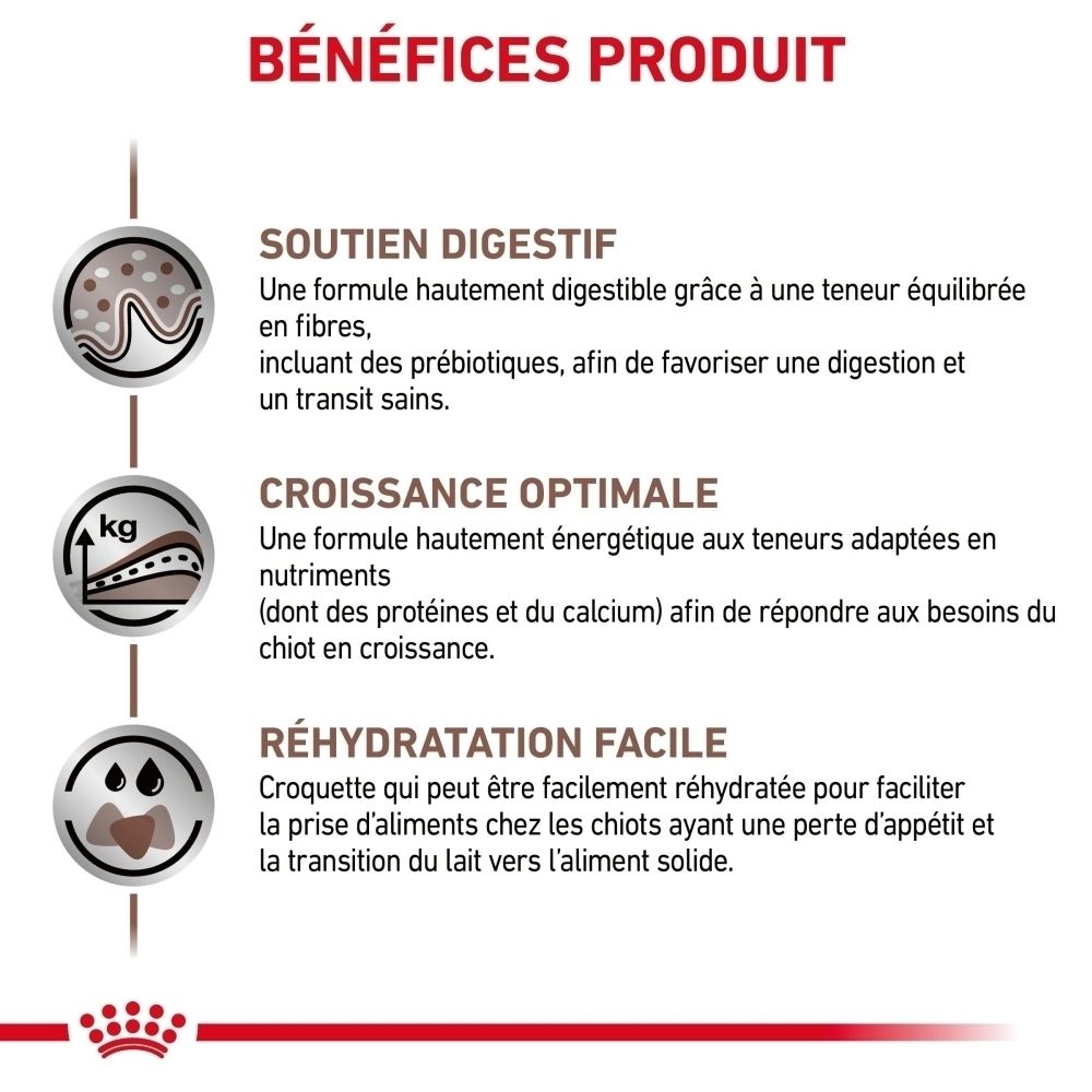 Infographie des bénéfices produit : soutien digestif, croissance optimale, réhydratation facile.