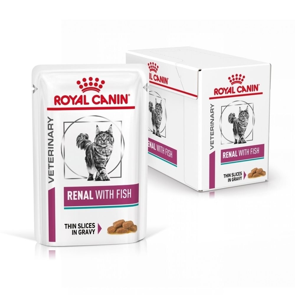 Deux sachets Royal Canin Renal avec poisson et une boîte.