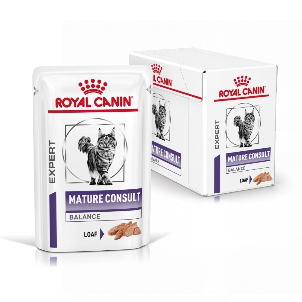 Deux sachets individuels Royal Canin VET-CAT Mature Consult Balance 85g et une boîte avec image de chat et caractéristiques produit.
