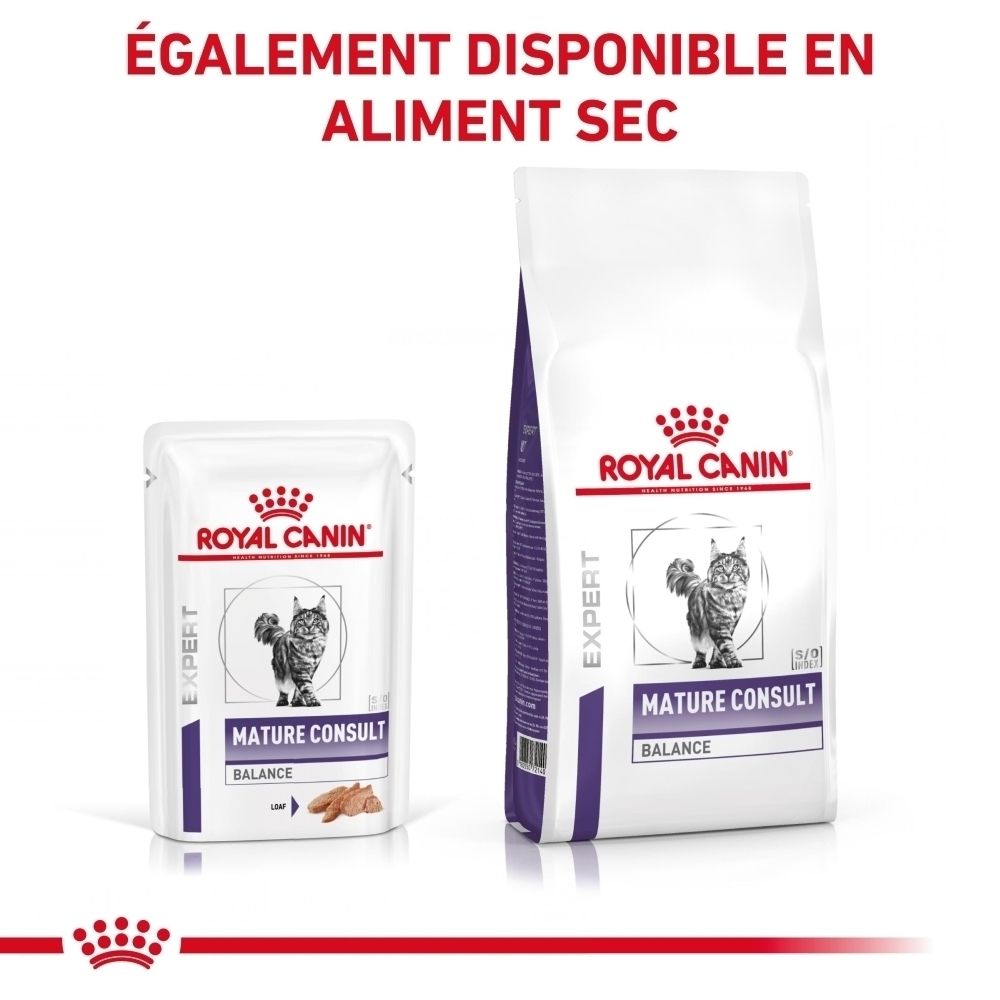 Royal Canin VET-CAT Mature Consult Balance : sachet de nourriture humide et sac de nourriture sèche.