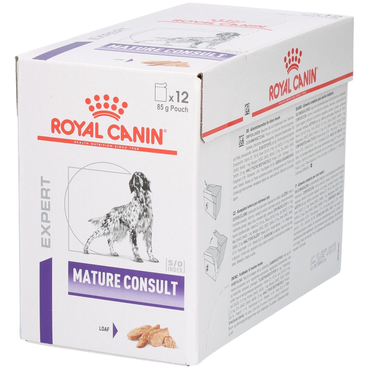 Boîte Royal Canin Mature Consult Loaf nourriture pour chien, 12 sachets de 85g. Face avant avec image de chien et nom du produit.