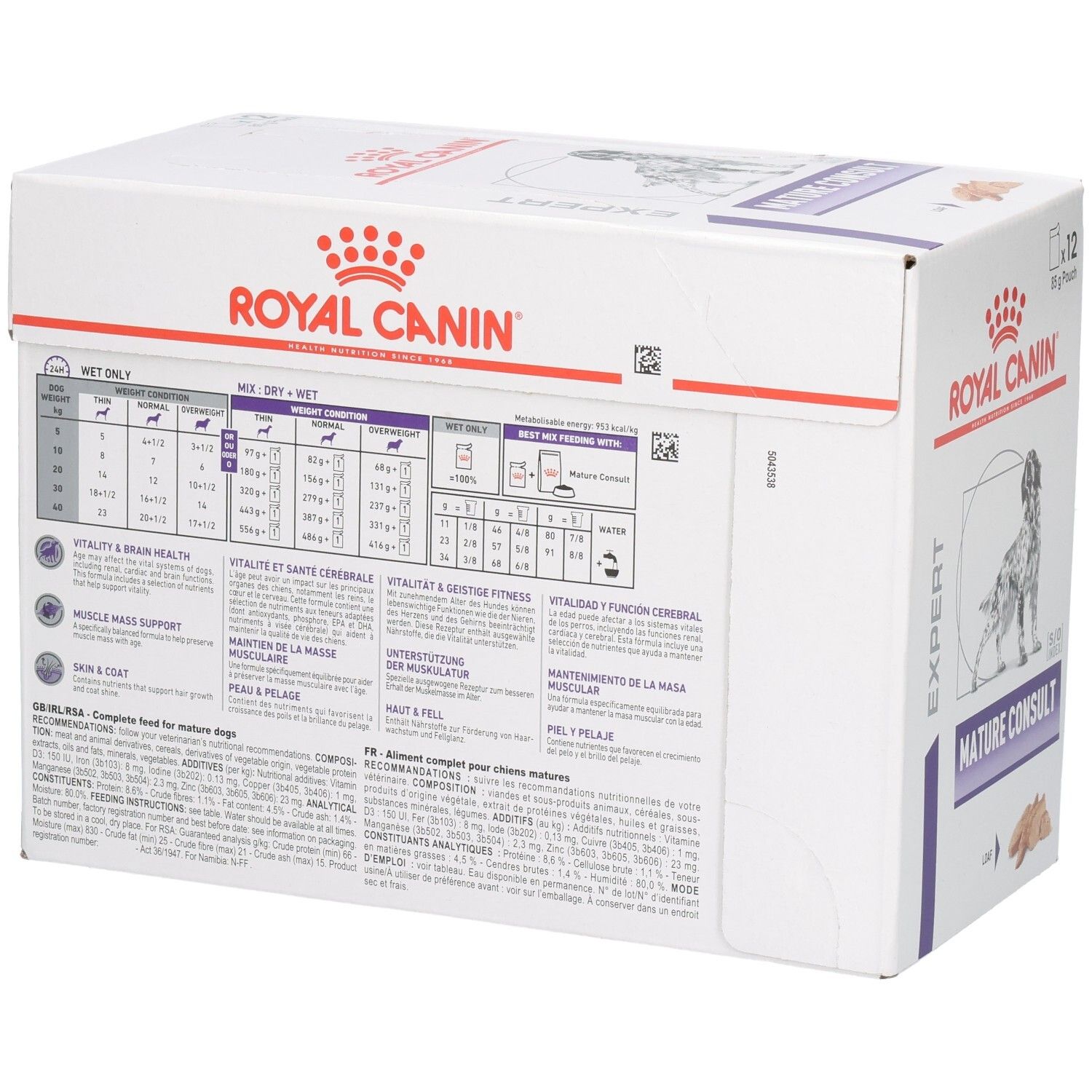 Boîte Royal Canin Mature Consult Loaf nourriture pour chien, dos avec tableaux de rationnement et informations produit.