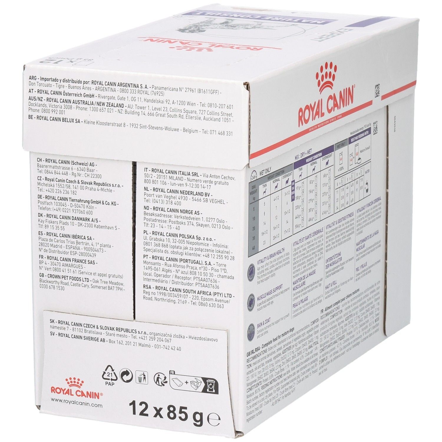 Boîte Royal Canin Mature Consult Loaf nourriture pour chien, côté avec informations distributeur et désignations produit multilingues.