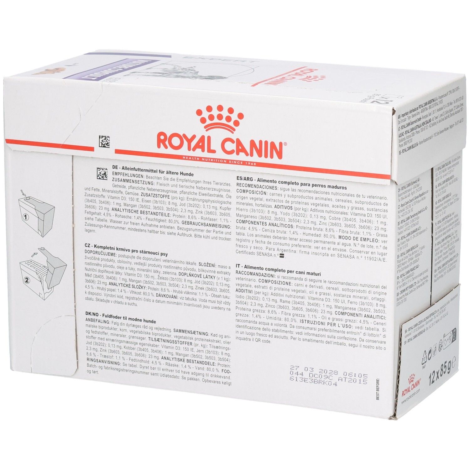 Boîte Royal Canin Mature Consult Loaf nourriture pour chien, côté avec descriptions produit multilingues et date de péremption.