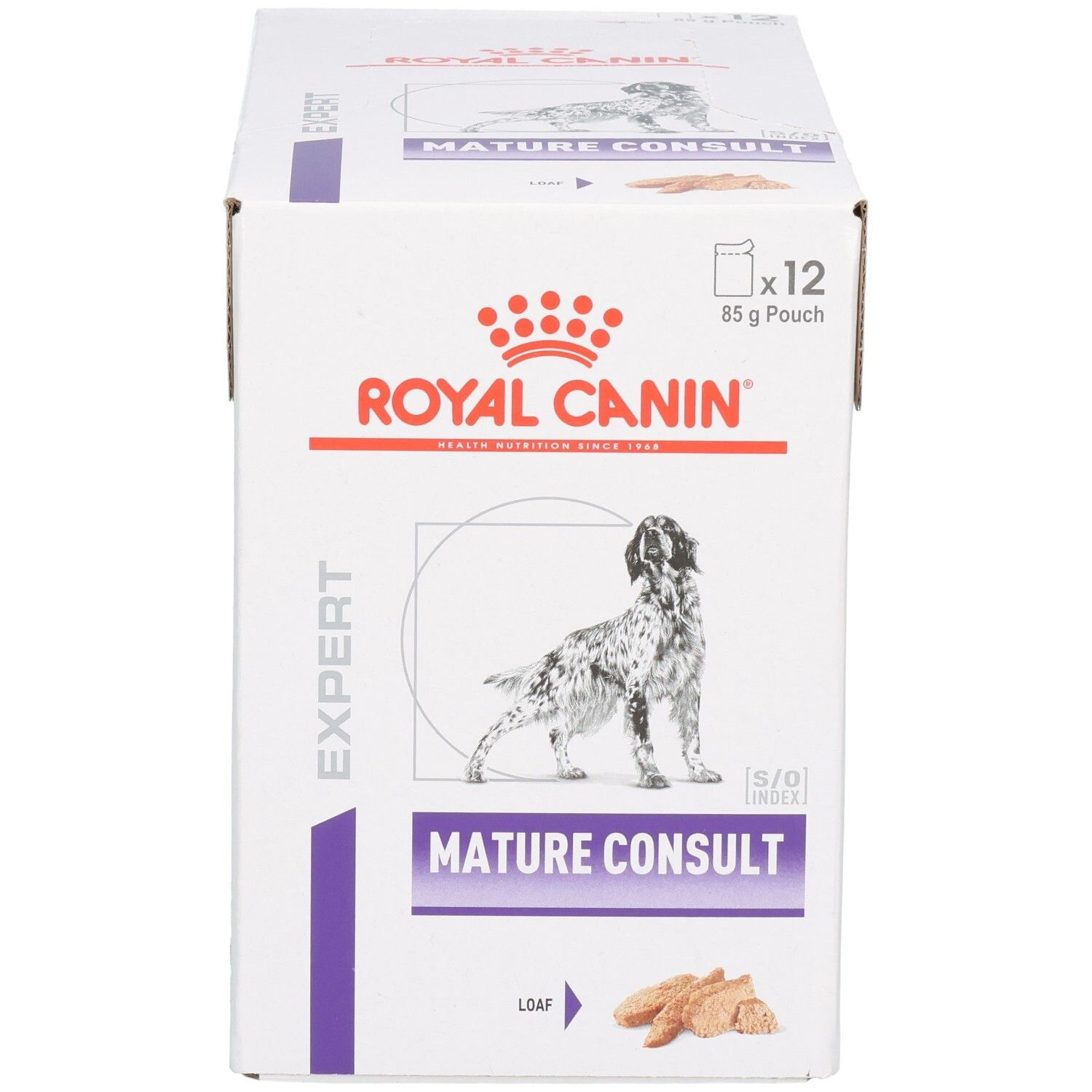 Boîte Royal Canin Mature Consult Loaf nourriture pour chien, face avant avec image de chien, nom produit et indication 12x85g sachets.