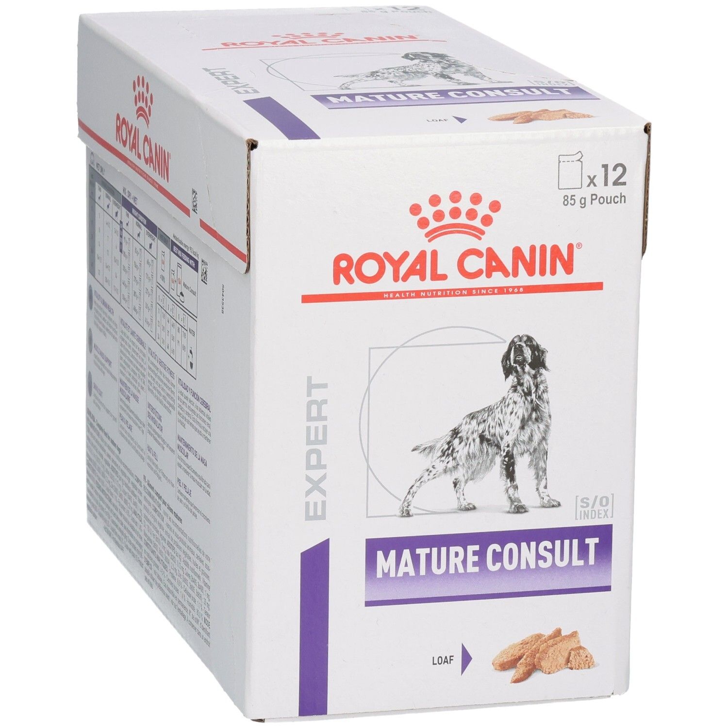 Boîte Royal Canin Mature Consult Loaf nourriture pour chien, vue de face gauche en biais avec image de chien et nom du produit.