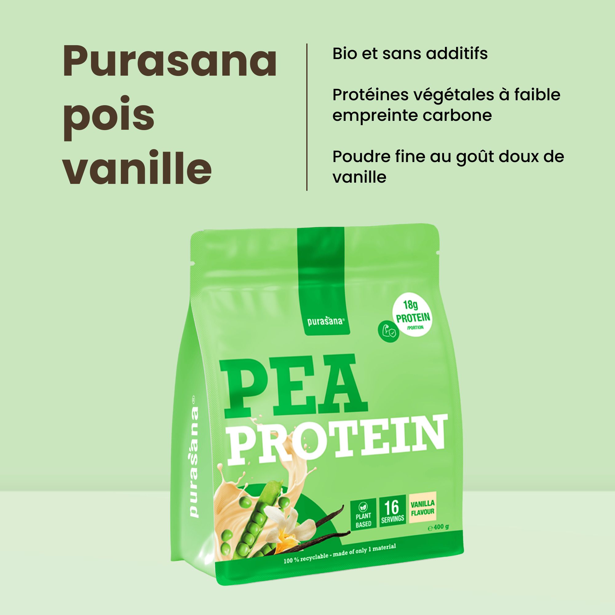 Purasana Protéine de Pois Vanille sachet. Bio, végétal, faible empreinte carbone, poudre fine.