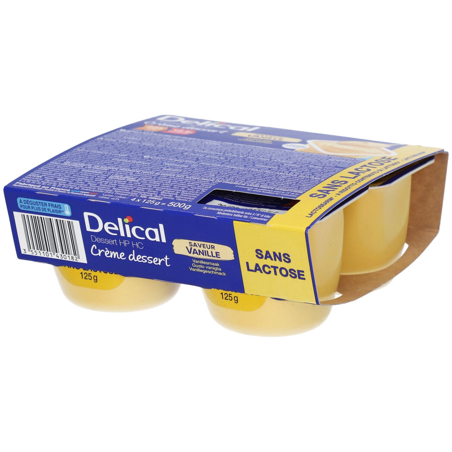 Pack de 4 pots de Delical Crème dessert sans lactose Vanille. Pots jaunes dans emballage carton.