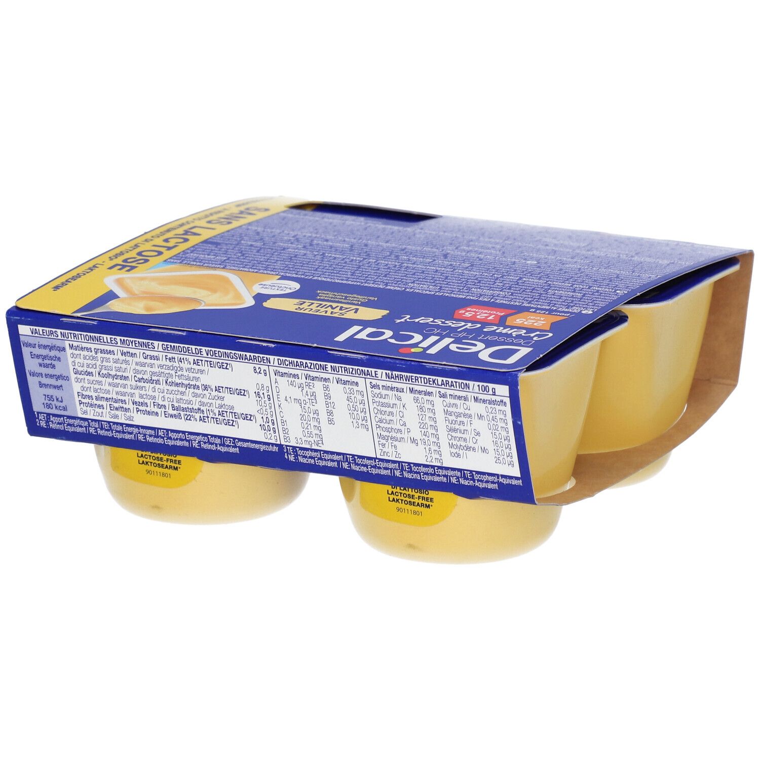 Pack de 4 pots de Delical Crème dessert sans lactose Vanille. Pots jaunes dans emballage carton.