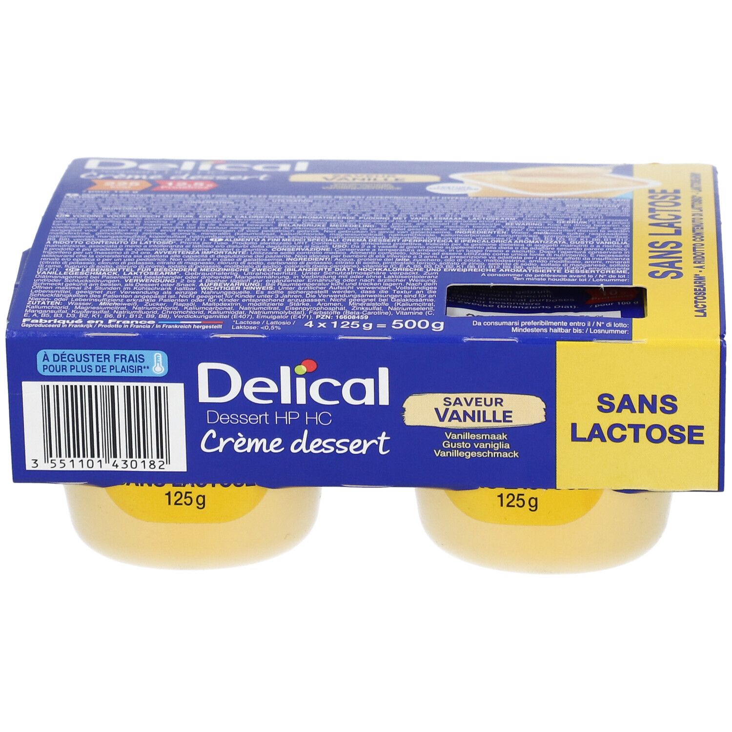 Pack de 4 pots de Delical Crème dessert sans lactose Vanille. Pots jaunes dans emballage carton.