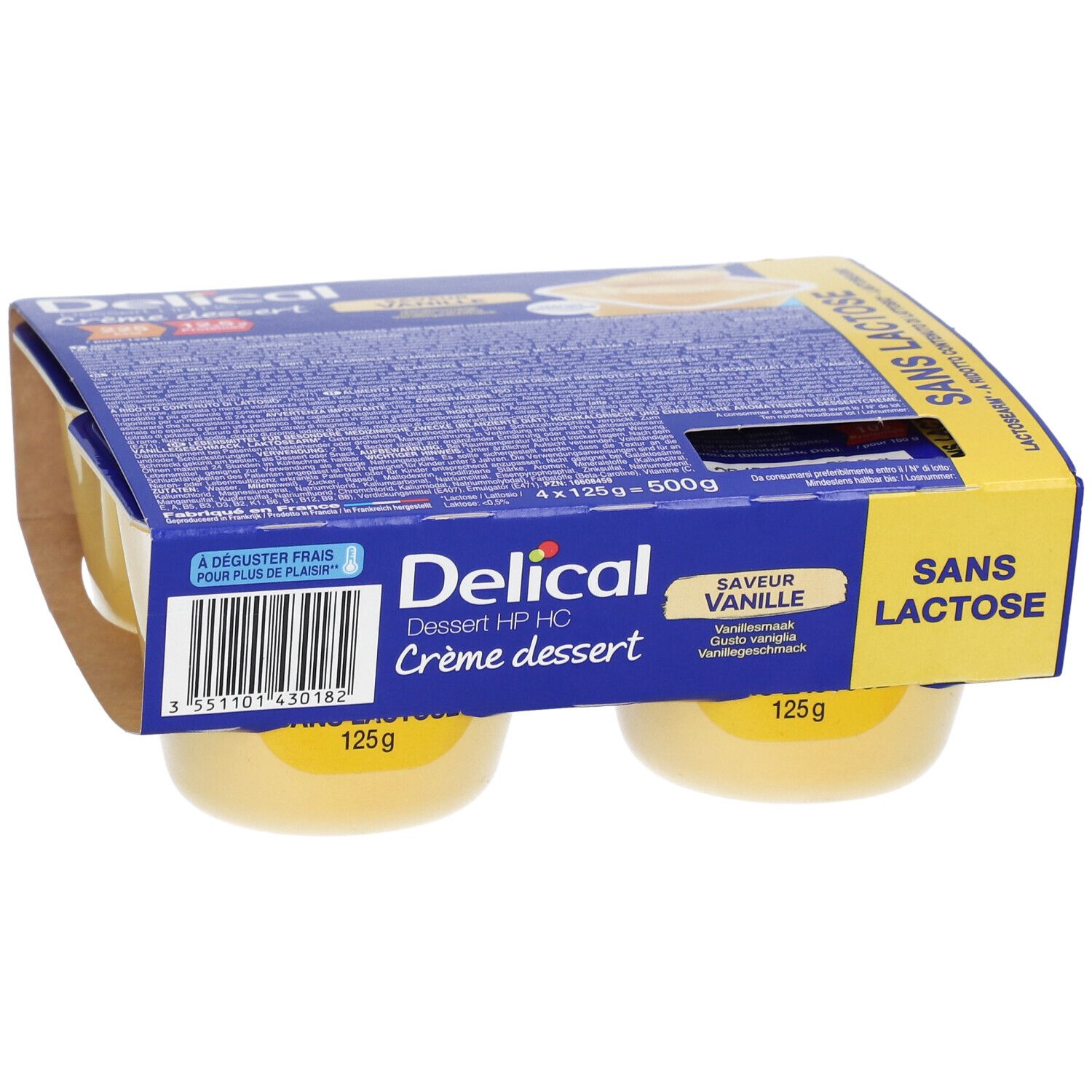 Pack de 4 pots de Delical Crème dessert sans lactose Vanille. Pots jaunes dans emballage carton.
