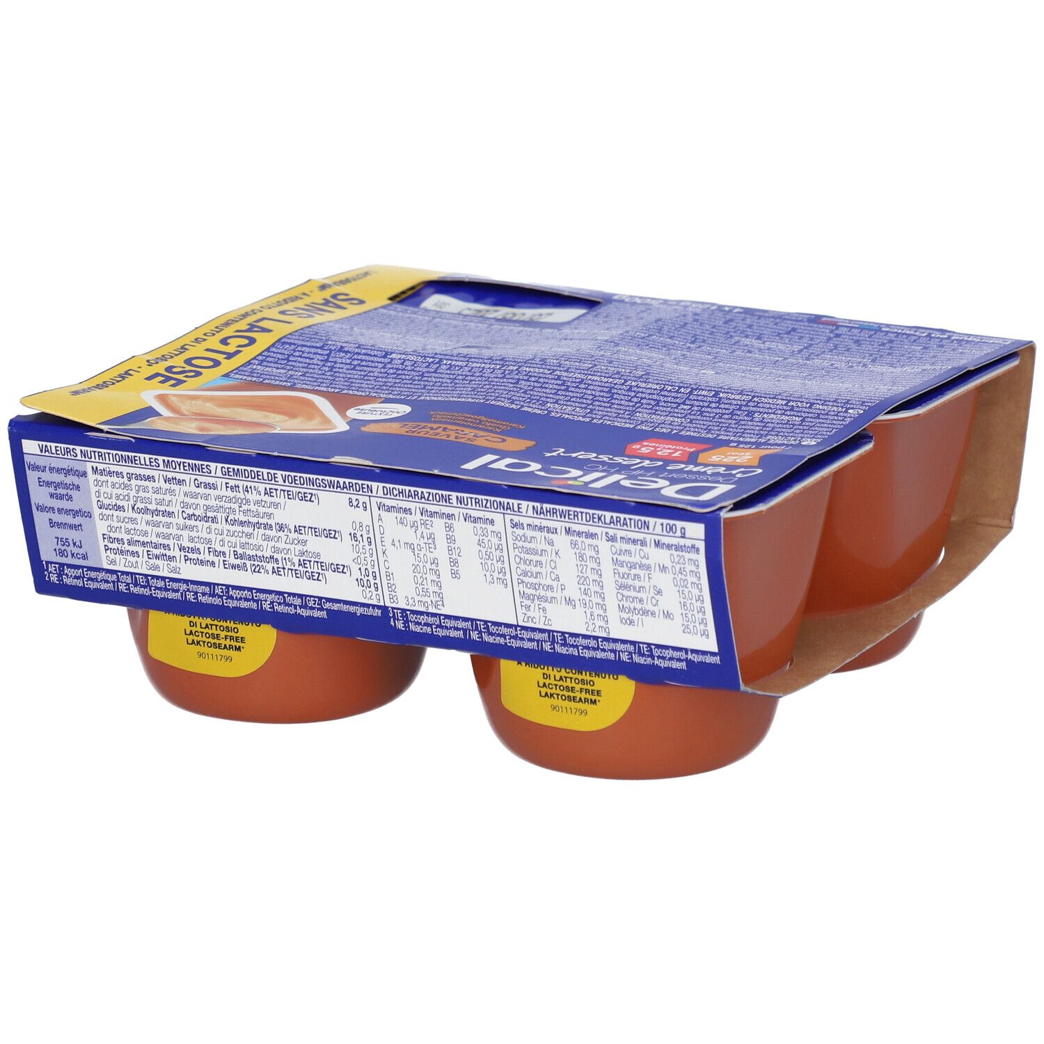 Pack de quatre crèmes dessert caramel sans lactose Delical. Pots bruns, emballage bleu et jaune.