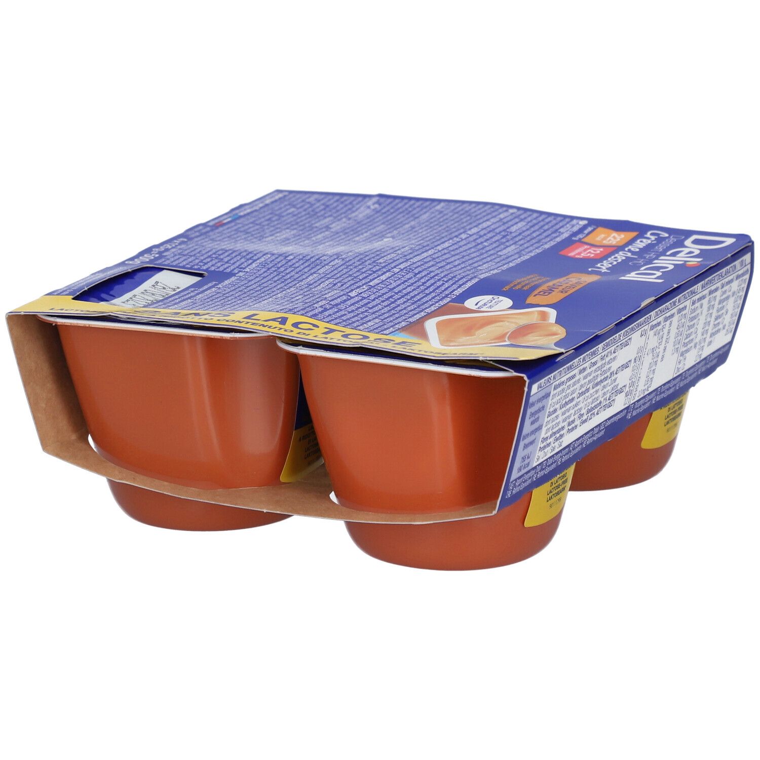 Pack de quatre crèmes dessert caramel sans lactose Delical. Pots bruns, emballage bleu et jaune.