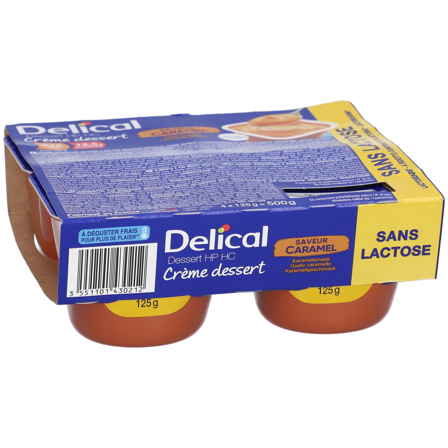 Pack de quatre crèmes dessert caramel sans lactose Delical. Pots bruns, emballage bleu et jaune.