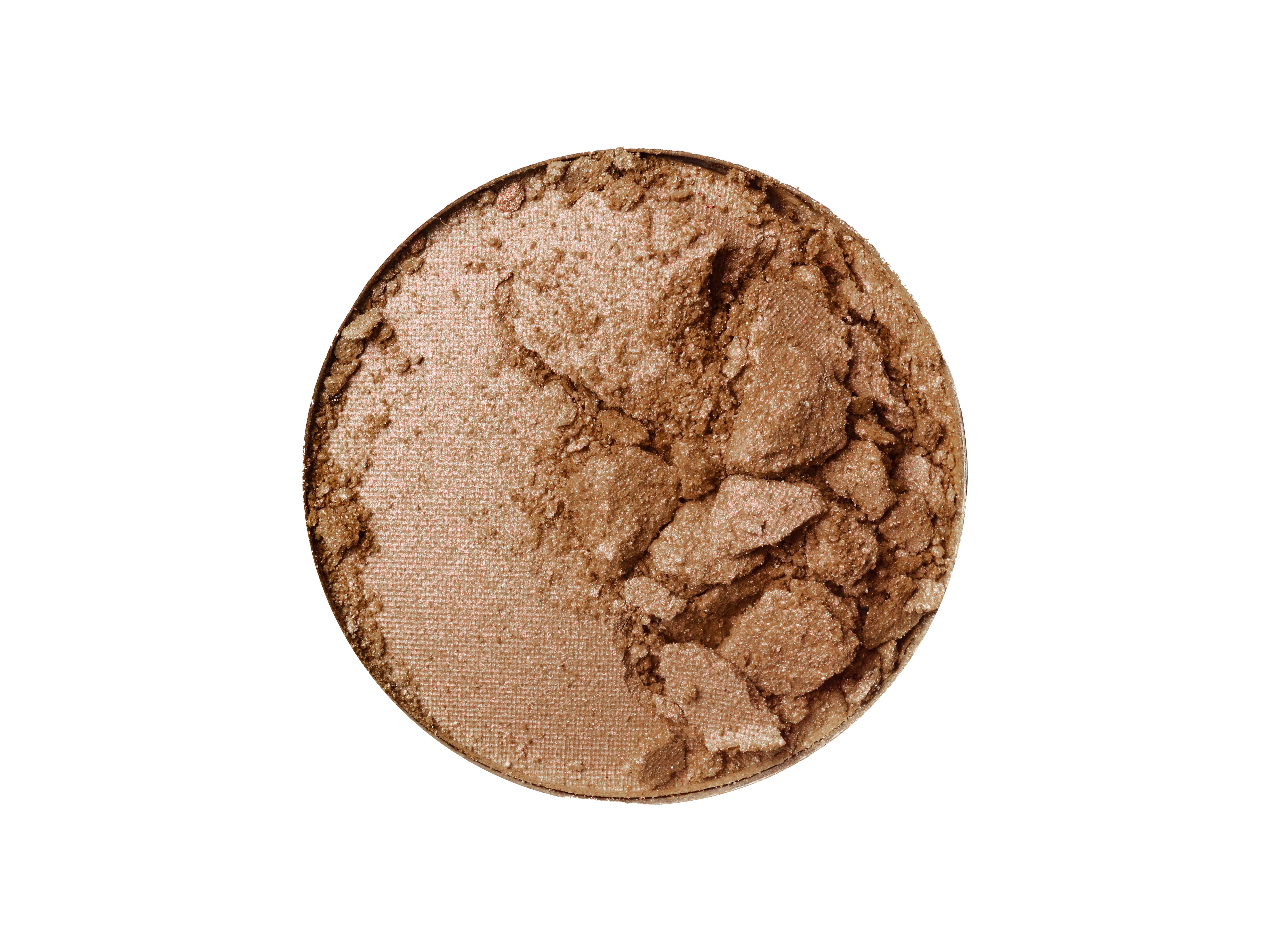 Fard à paupières cuivré, forme ronde. Surface partiellement fragmentée.