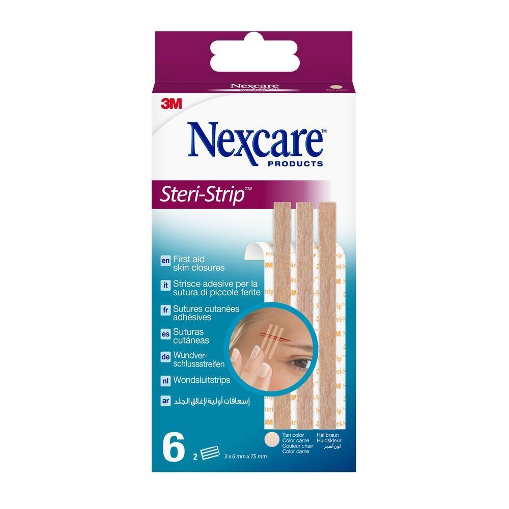 Nexcare Steri-Strip. Fermetures cutanées. Boîte de 6. Couleur chair. 6 mm x 75 mm. Logo 3M.