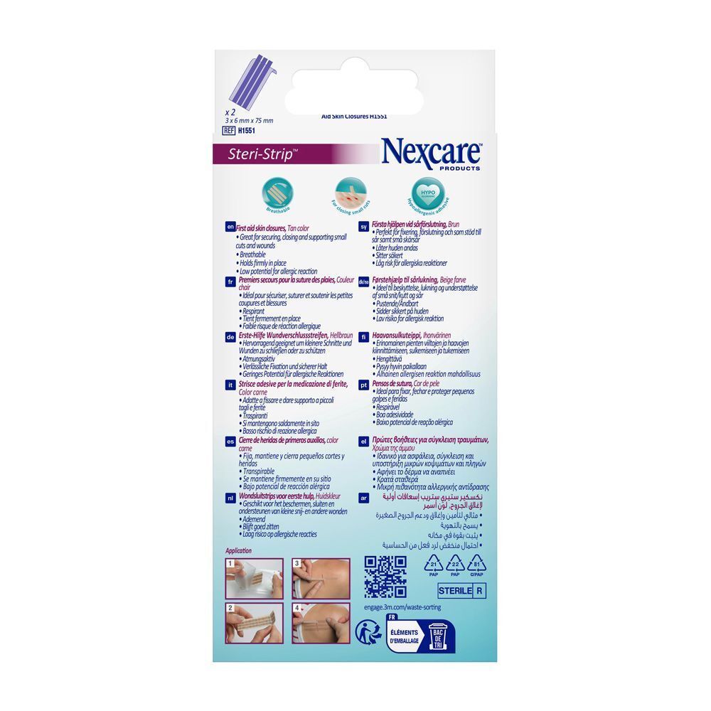 Dos de la boîte Nexcare Steri-Strip. Informations sur les sutures cutanées. Instructions d'utilisation.