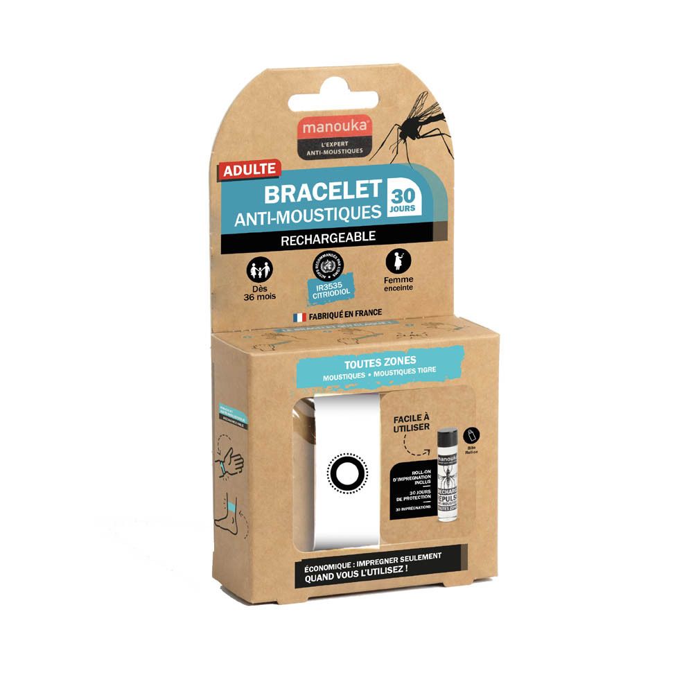 Bracelet Manouka anti-moustiques adulte, rechargeable, 30 jours de protection, dans son emballage.