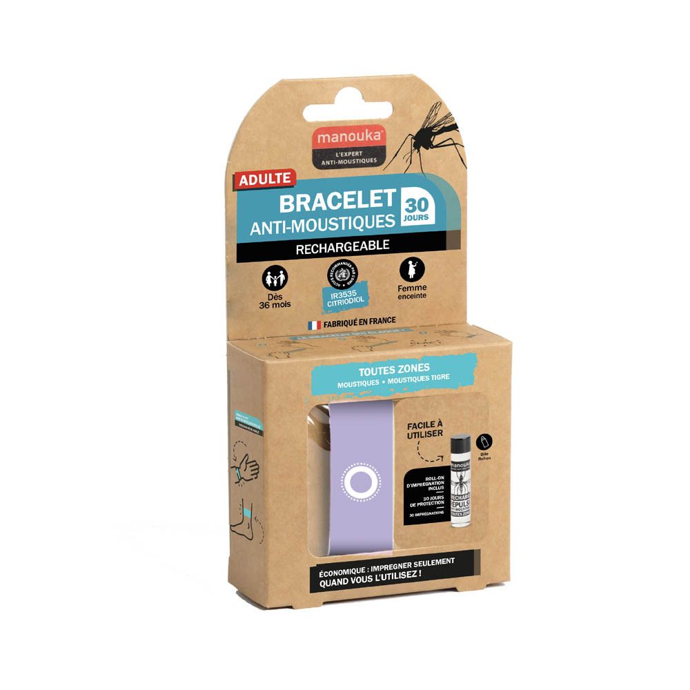 Bracelet anti-moustiques Manouka rechargeable pour adulte, durée 30 jours.