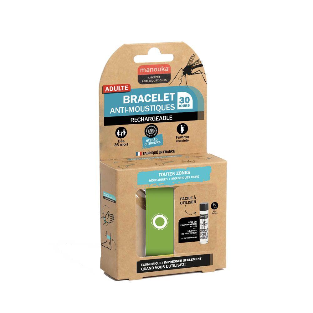 Bracelet Manouka anti-moustiques rechargeable. Couleur verte, emballage.
