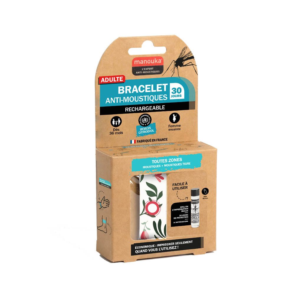 Bracelet MANOUKA rechargeable, protection 30 jours, motif floral.