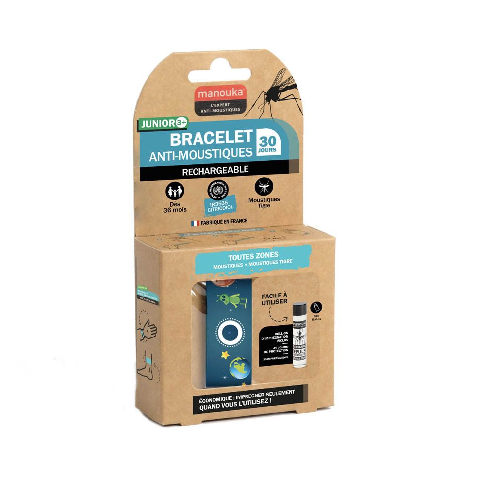 Bracelet Manouka Junior motif espace, rechargeable, dans son emballage.