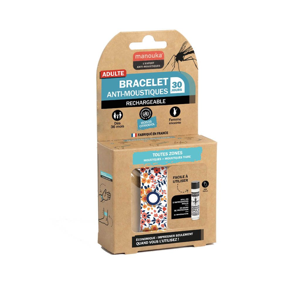 Bracelet MANOUKA Anti-Moustiques Junior, rechargeable, motif floral.