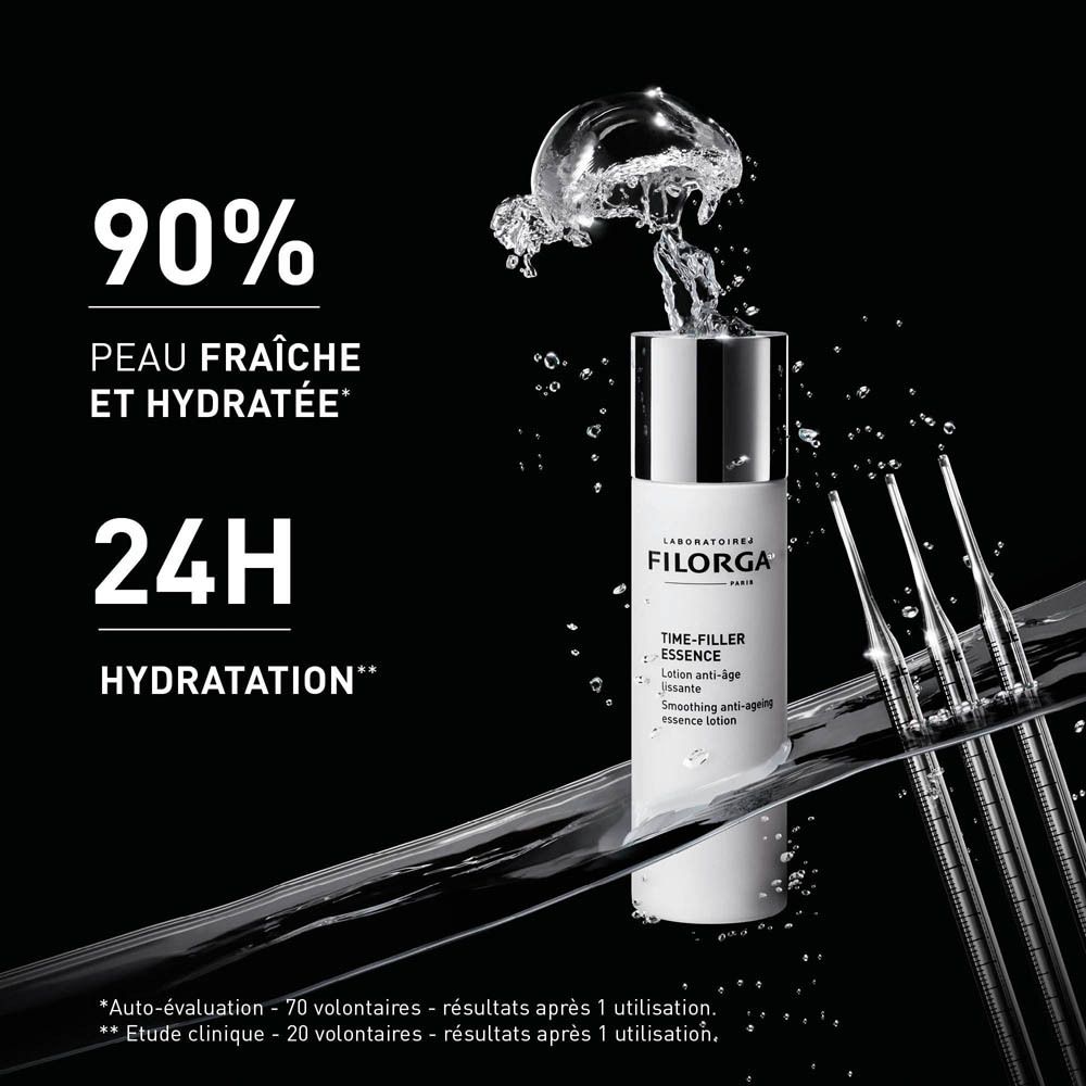 Flacon et eau. Texte: 90% Peau fraîche et hydratée. 24H Hydratation.
