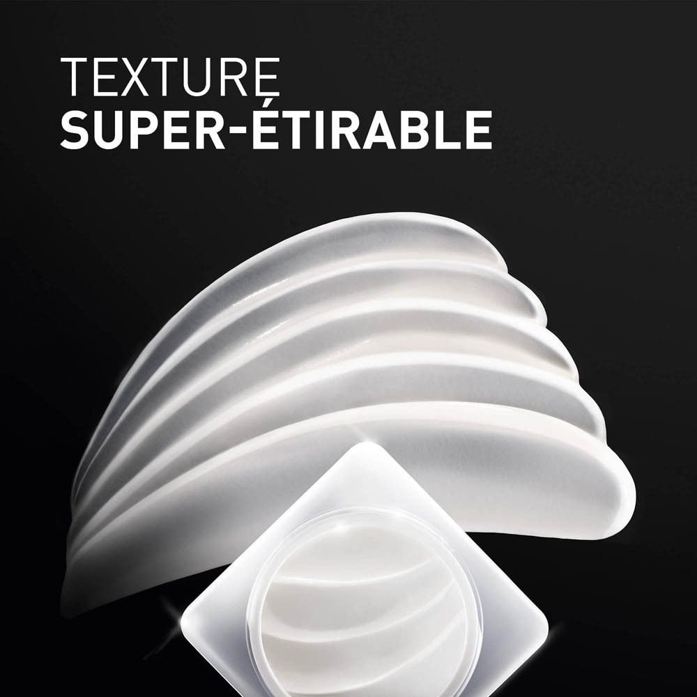 Texture de crème. Inscription : SUPER-ÉTIRABLE.