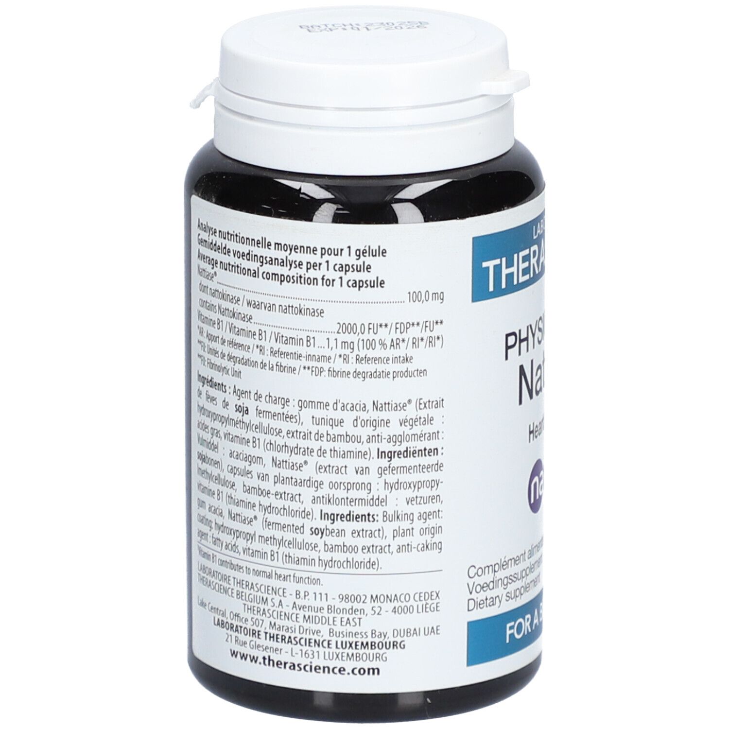 Dos du flacon. Texte avec informations nutritionnelles et ingrédients. Marque: Therascience.