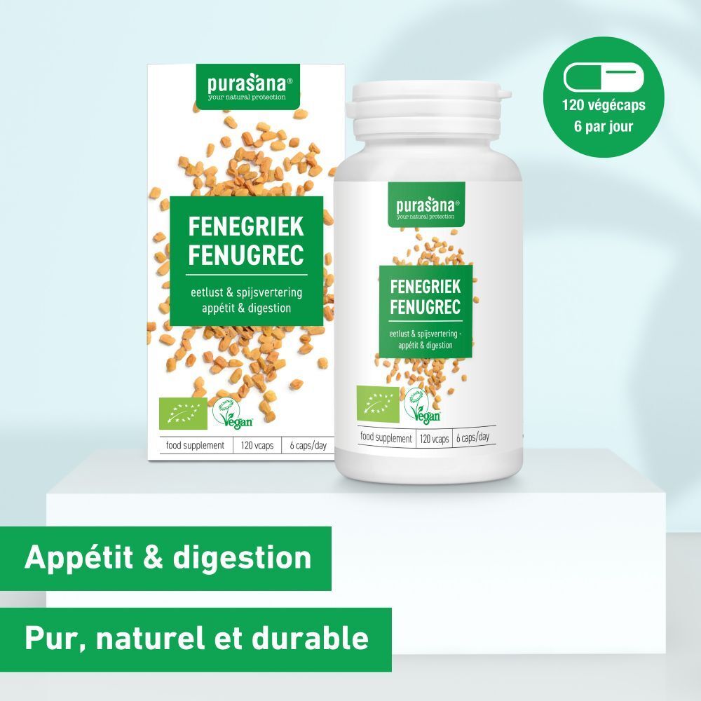 Emballage produit avec flacon et boîte. Inscription : FENUGREC, 120 gélules. Logo Purasana. Appétit & digestion.