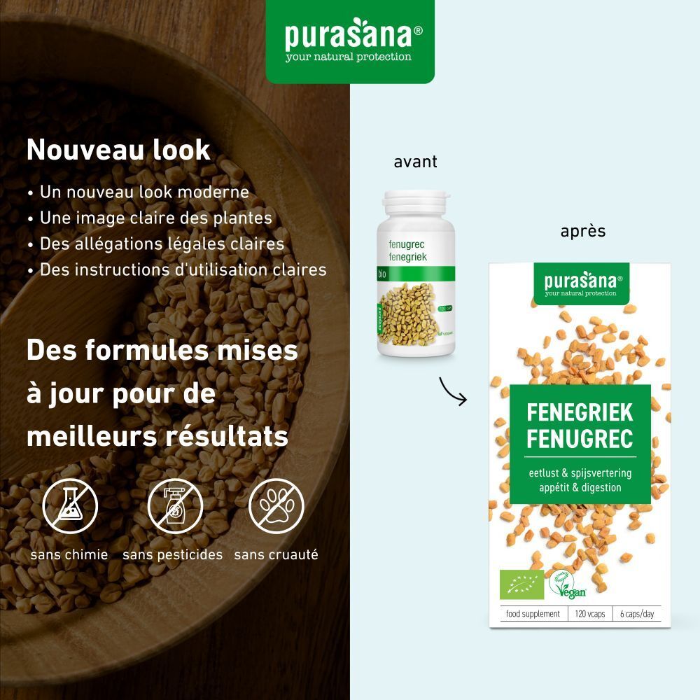 Comparaison ancien et nouvel emballage. Flacon et boîte. Inscription : FENUGREC. Logo Purasana. Nouveau look.