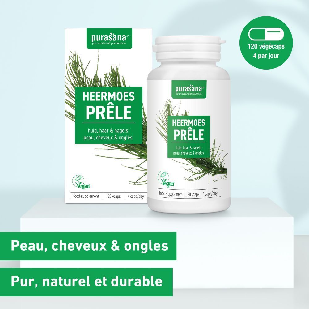 Emballage produit avec flacon et boîte. Inscription: Heermoes Prêle, vegan. 120 gélules. Illustration de gélule verte.
