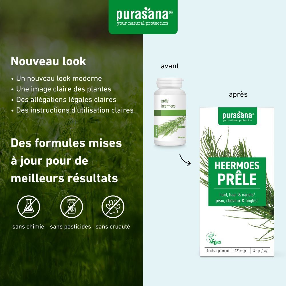 Comparaison avant-après. Flacon et boîte. Inscription: Heermoes Prêle. Vegan. Sans produits chimiques, pesticides, cruauté.