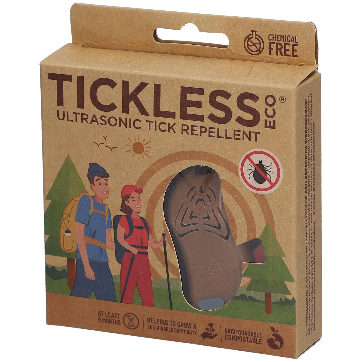 Boîte en carton avec produit. Inscription: TICKLESS ECO, répulsif à tiques ultrasonique. Illustration de randonneurs et de tiques.