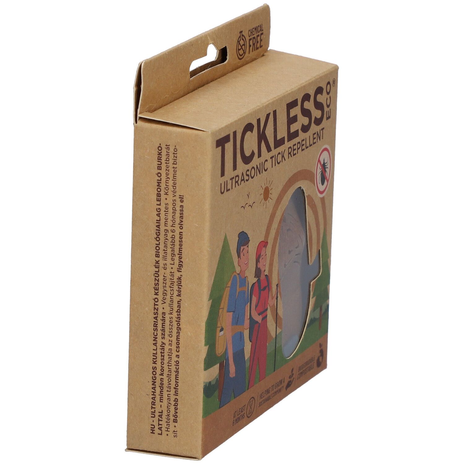 Boîte en carton avec produit. Inscription: TICKLESS ECO, répulsif à tiques ultrasonique. Vue latérale avec produit.