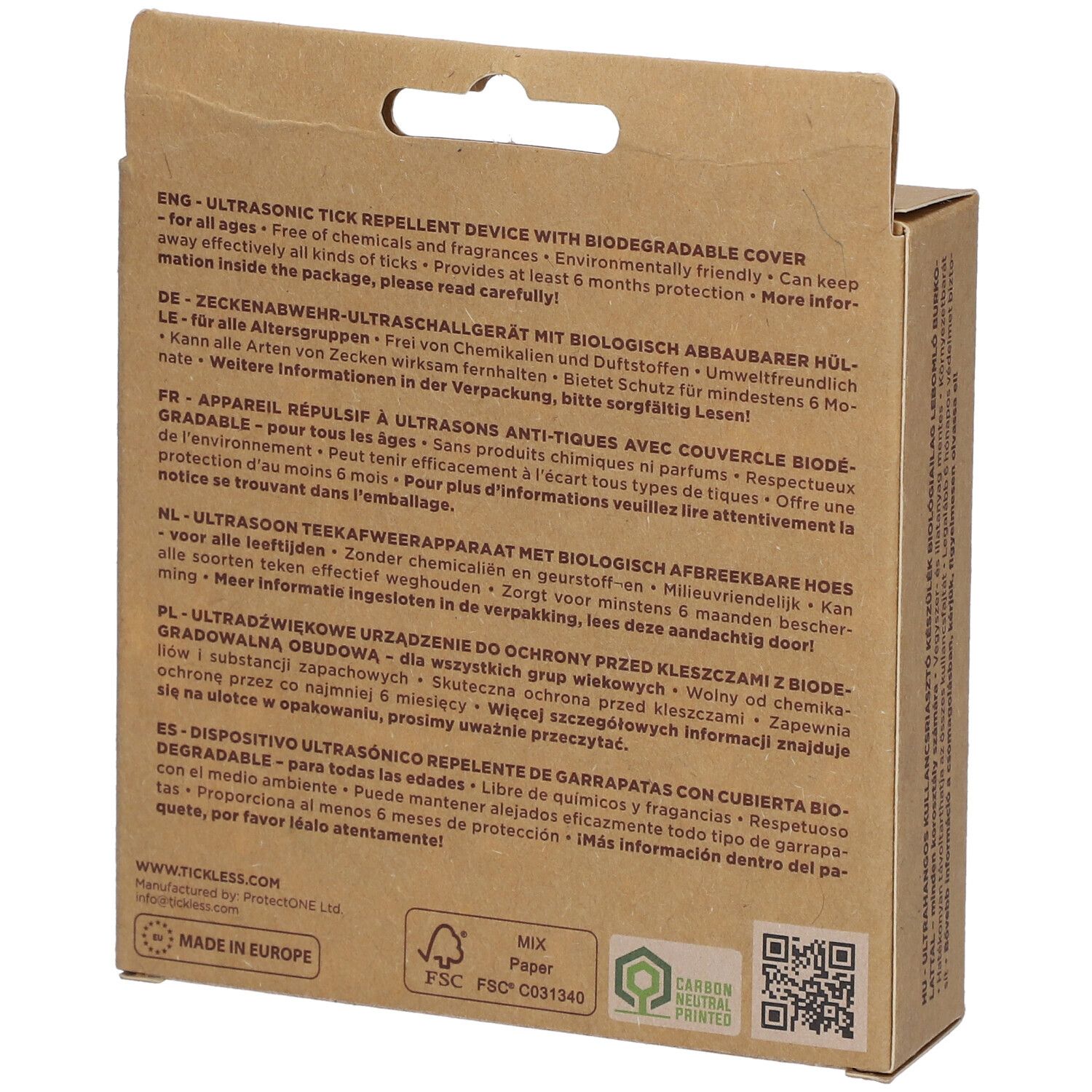 Dos de la boîte en carton. Texte multilingue. Informations sur la protection contre les tiques et l'étui biodégradable.