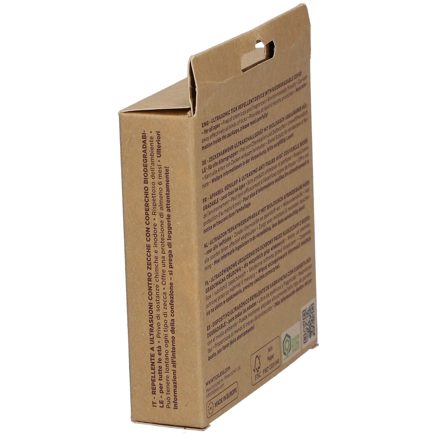 Vue latérale de la boîte en carton. Texte multilingue. Informations sur la protection contre les tiques et l'étui biodégradable.