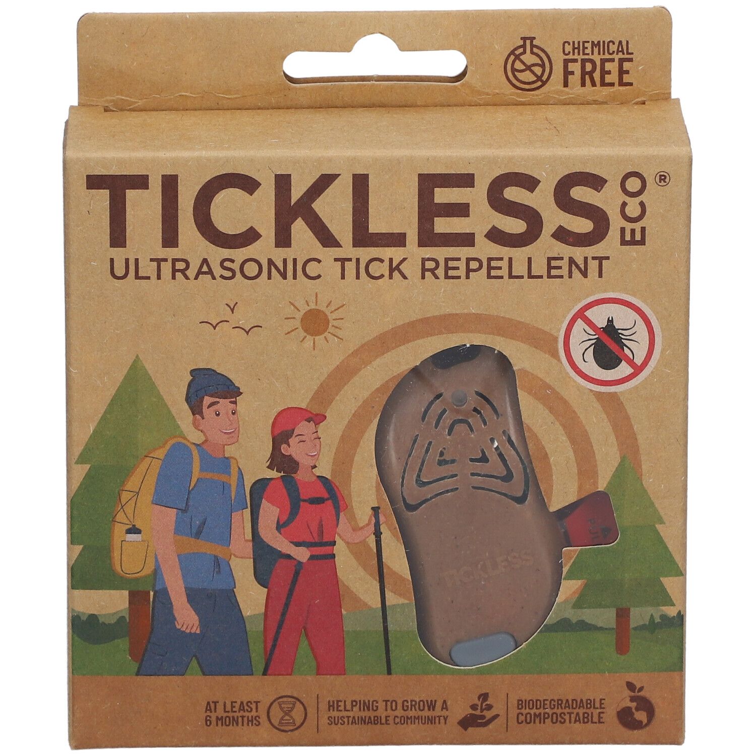 Boîte en carton avec produit. Inscription: TICKLESS ECO, répulsif à tiques ultrasonique. Illustration de randonneurs et de tiques.