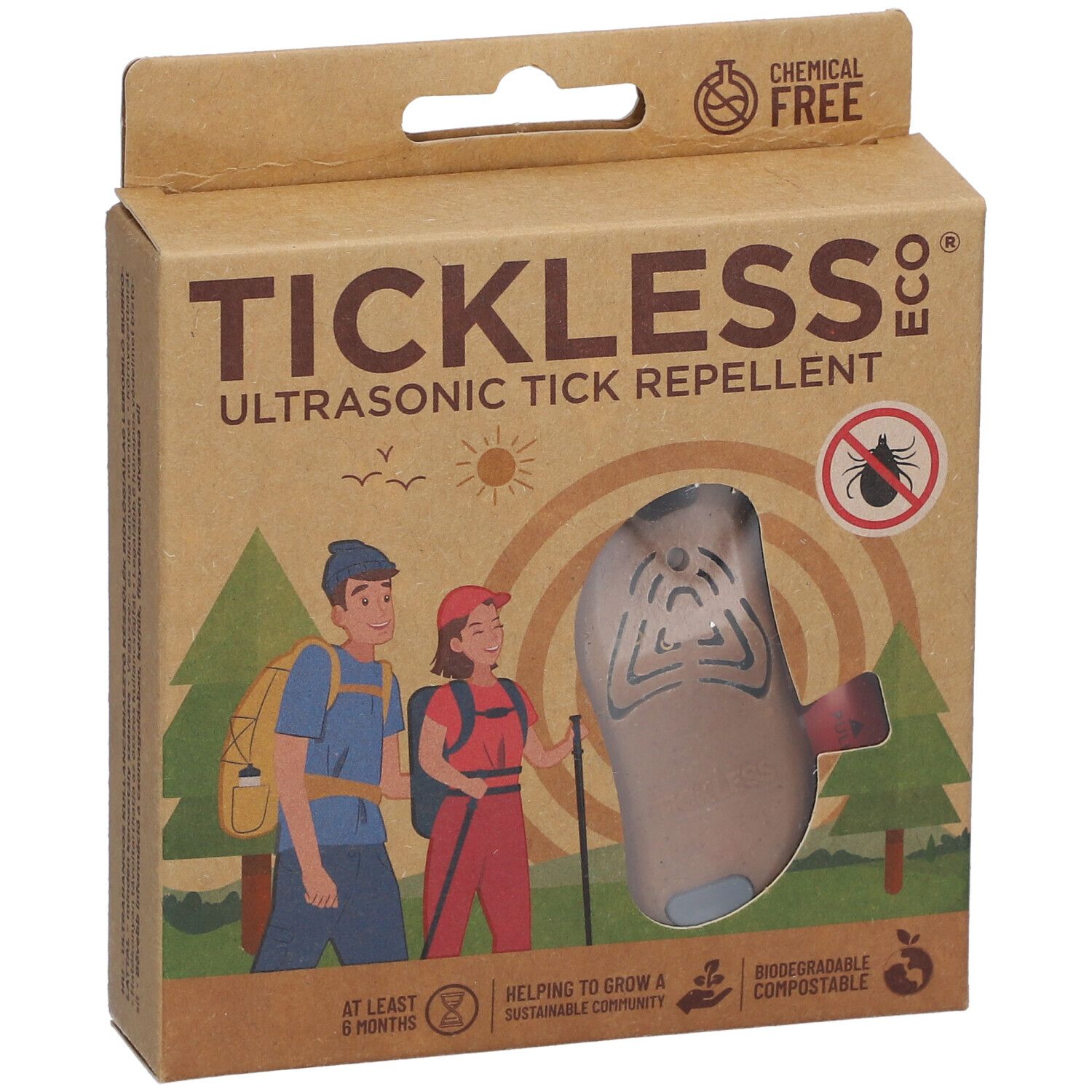 Boîte en carton avec produit. Inscription: TICKLESS ECO, répulsif à tiques ultrasonique. Illustration de randonneurs et de tiques.