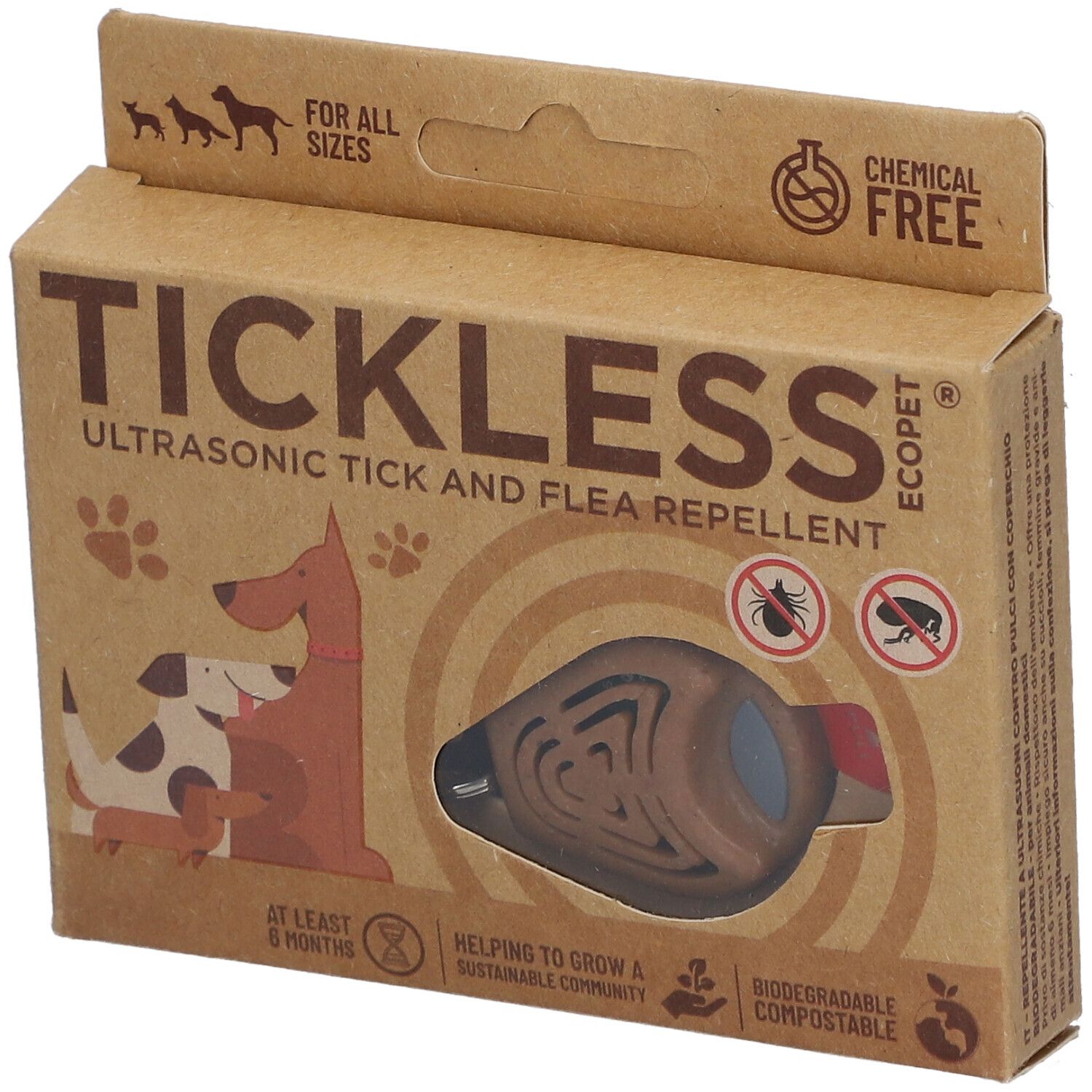Emballage TICKLESS ECOPet. Boîte en carton marron avec image et texte du produit. Produit visible à travers une fenêtre.