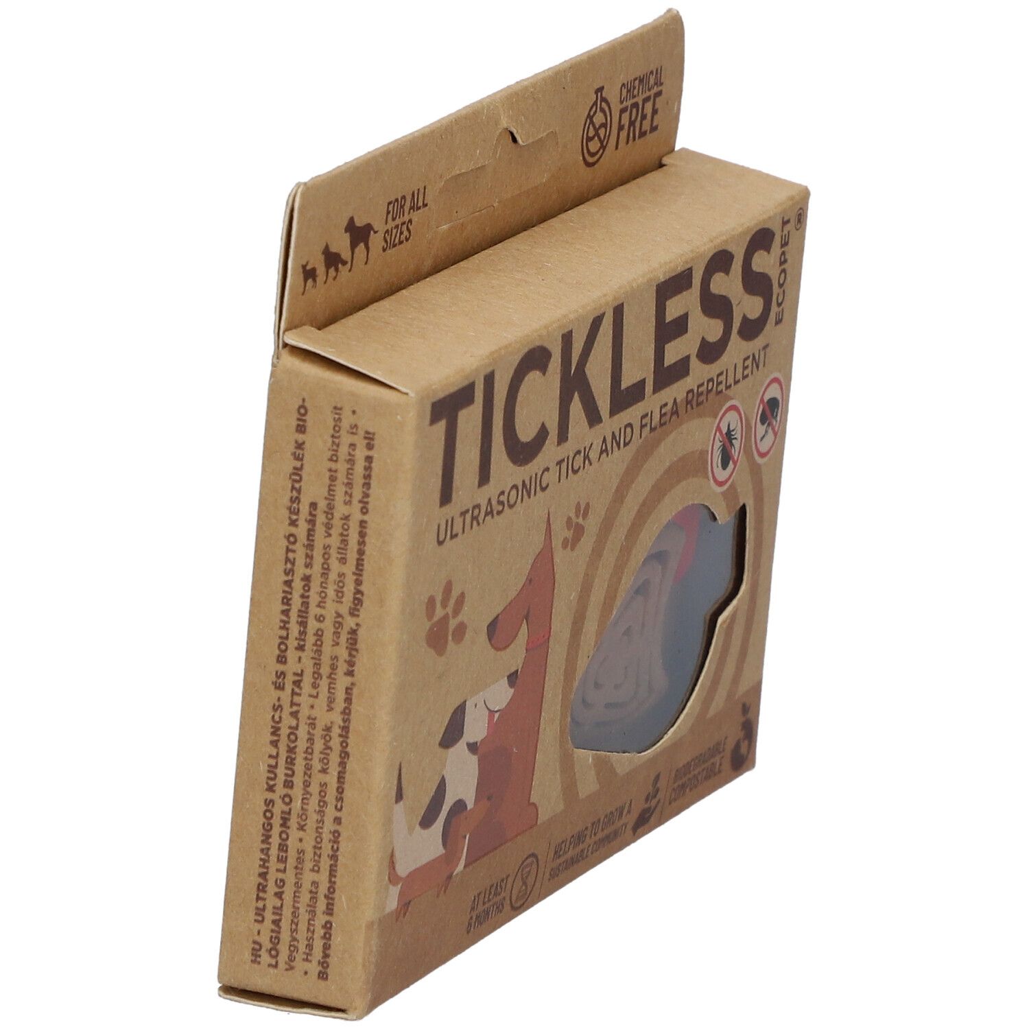 Emballage TICKLESS ECOPet. Boîte en carton marron avec image et texte du produit. Produit visible à travers une fenêtre.
