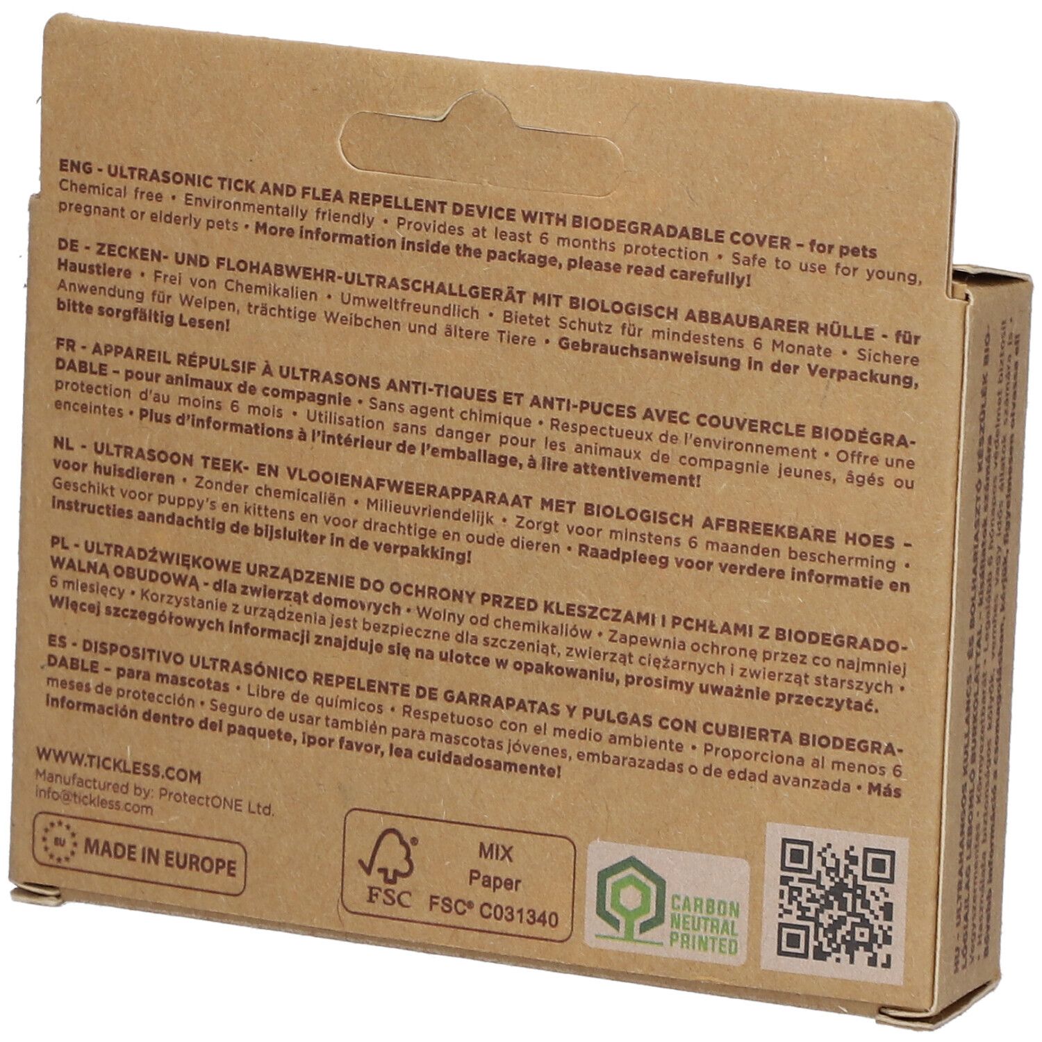 Dos de l'emballage TICKLESS ECOPet. Texte multilingue. Logo FSC et autres certifications.
