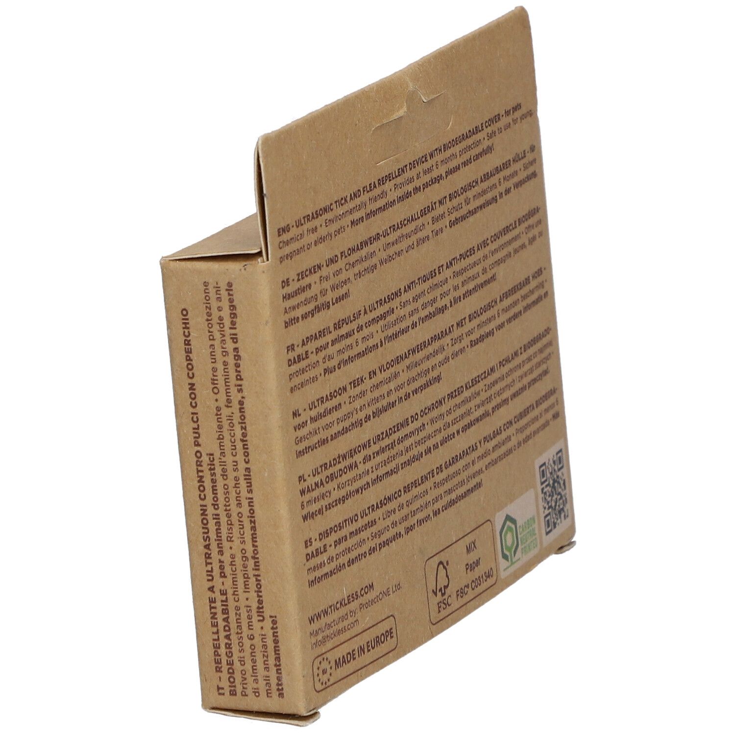 Dos de l'emballage TICKLESS ECOPet. Texte multilingue. Logo FSC et autres certifications.