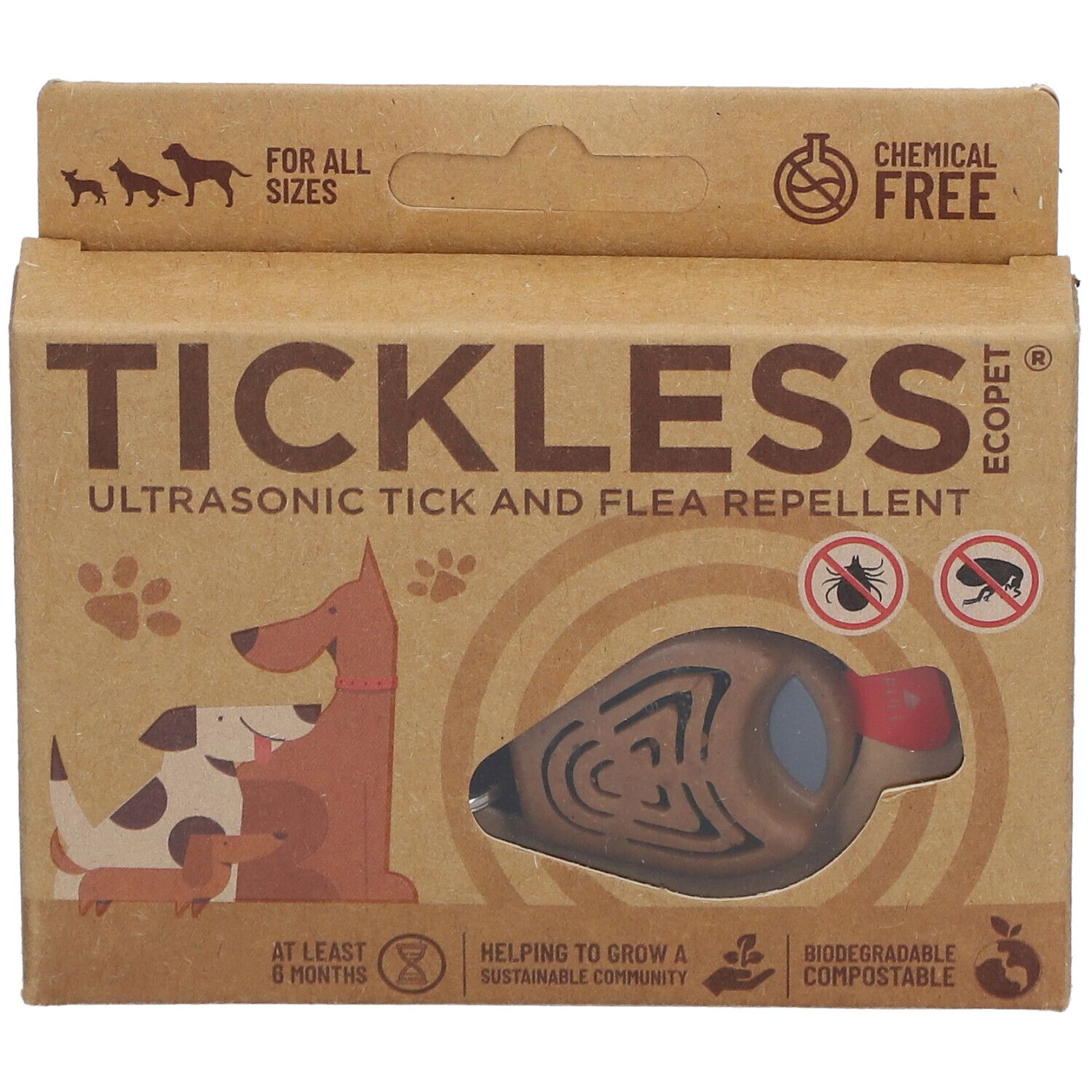 Emballage TICKLESS ECOPet. Boîte en carton marron avec image et texte du produit. Produit visible à travers une fenêtre.