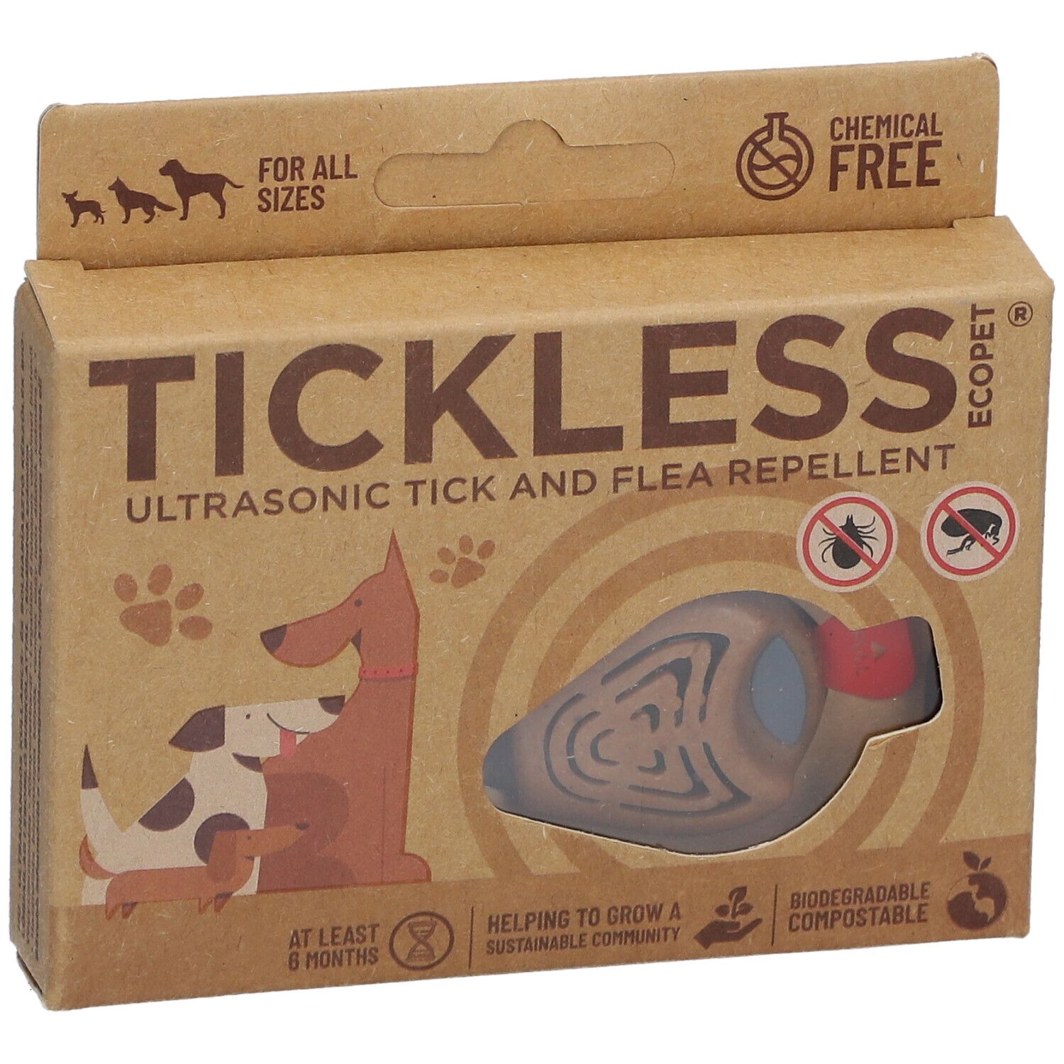 Emballage TICKLESS ECOPet. Boîte en carton marron avec image et texte du produit. Produit visible à travers une fenêtre.