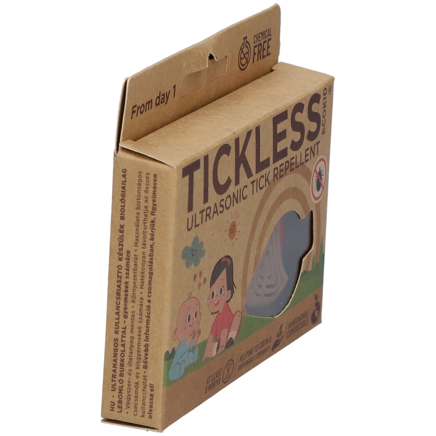 Emballage en carton Tickless Ecokid en biais. Inscriptions : Tickless, répulsif à tiques ultrasonique. Texte multilingue.