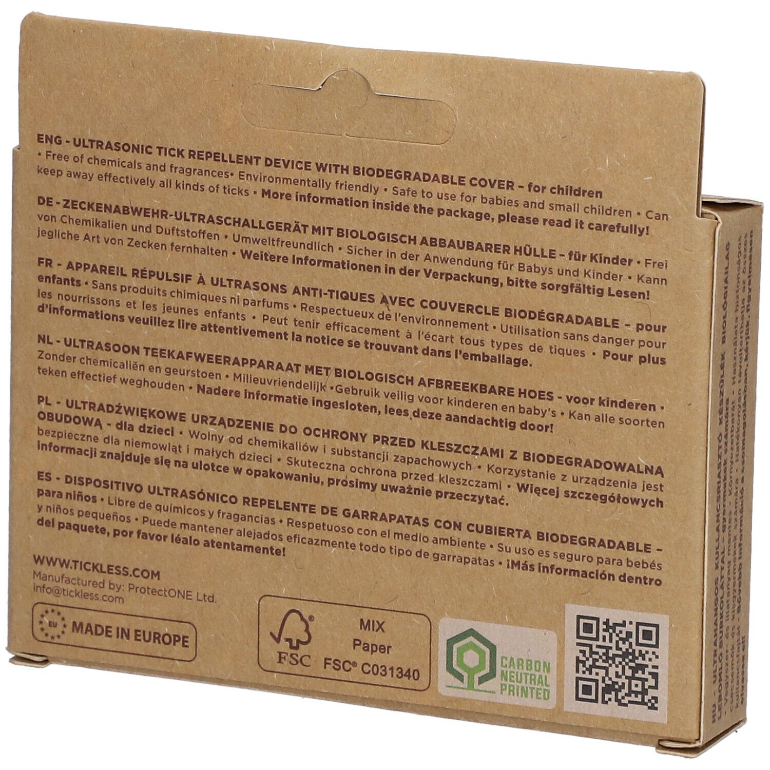 Dos de l'emballage en carton Tickless Ecokid. Texte multilingue. Logos : FSC, Carbon Neutral, Made in Europe.