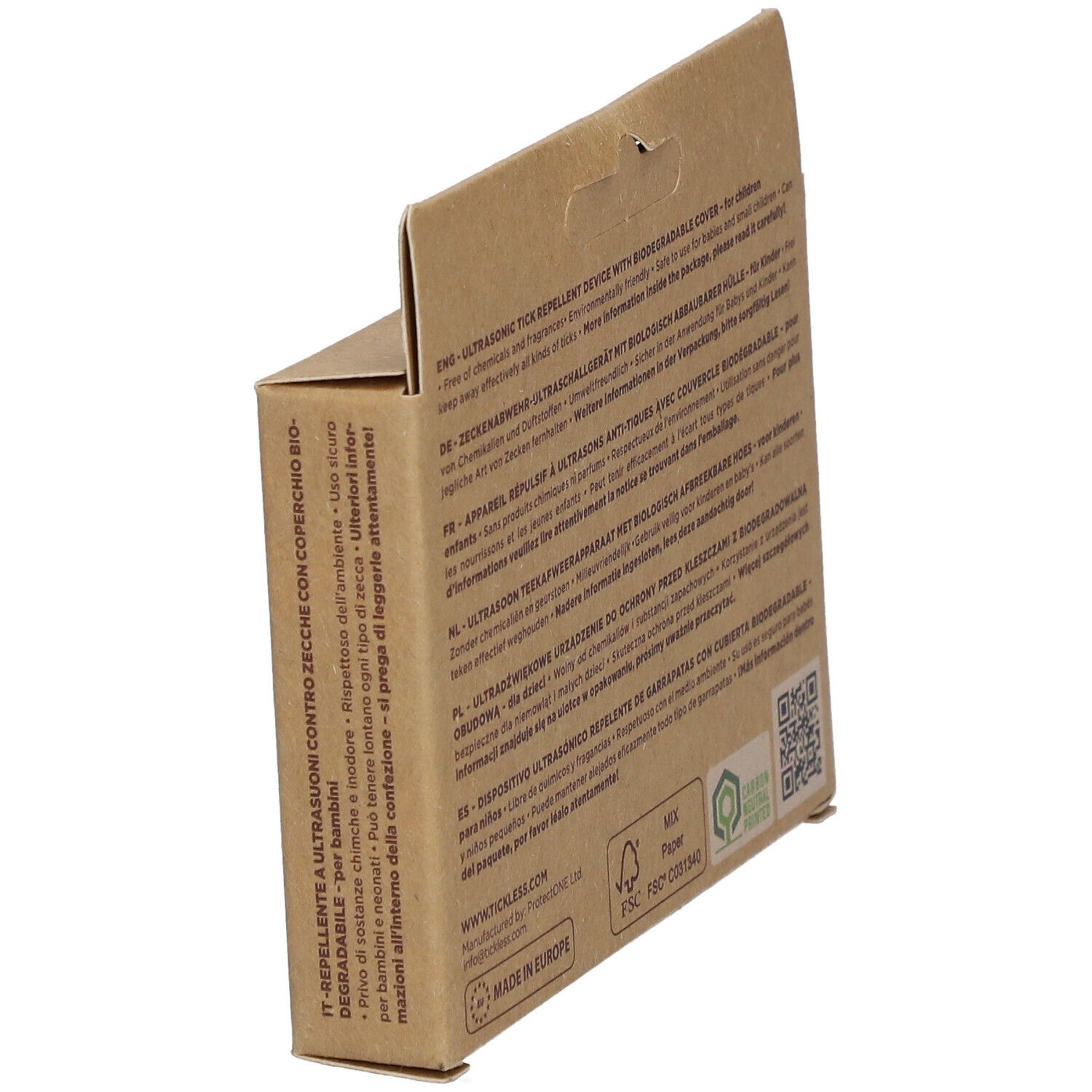 Emballage en carton Tickless Ecokid en biais. Dos avec texte multilingue. Logos : FSC, Carbon Neutral, Made in Europe.